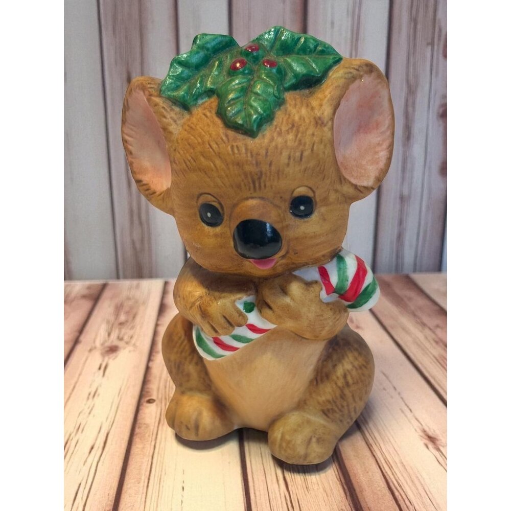 Vintage Ceramic Koala Figurine Holding Candy Cane With Holly Leaf Accent Lefton?